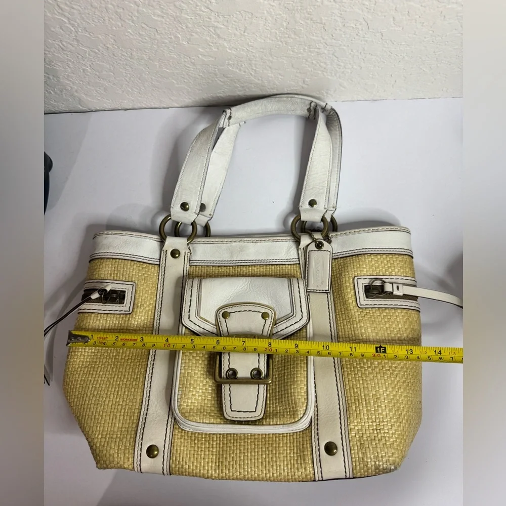 Vintage Y2K COACH White Leather Trim Tote Handbag LEGACY w Natural Straw Purse